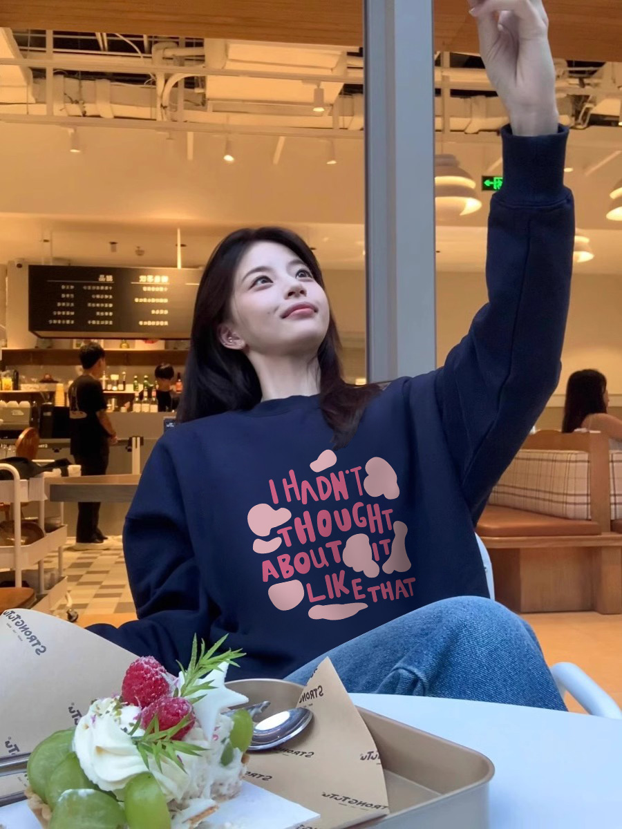 K-style Letters Printed Crew Neck Sweatshirt Female Spring & Fall Idle Style Oversize Fleece-lined Thickened Non-Hoodie Pullover Tops