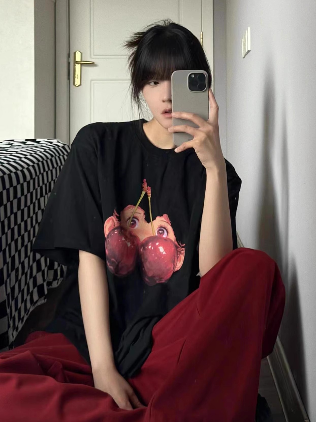 2025 New Arrival Summer Cotton Short Sleeve T-shirt Young Adult Large Cherry Pattern Print Loose Casual Black Top Clothes
