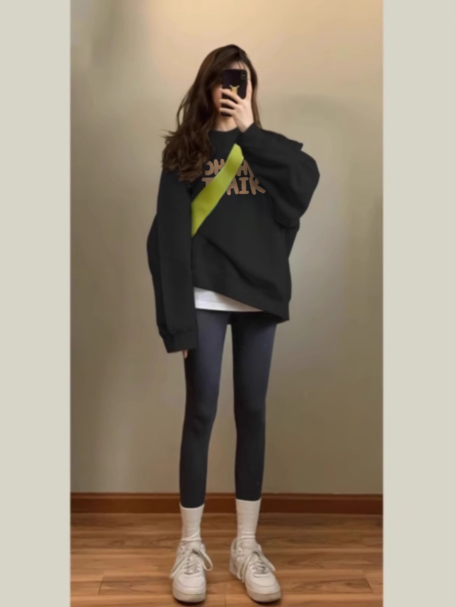 Black, Hoodie Women's Spring and Autumn 2025 New Arrival Loose Long Sleeve Top Stylish round Neck Oversize Outwear Women