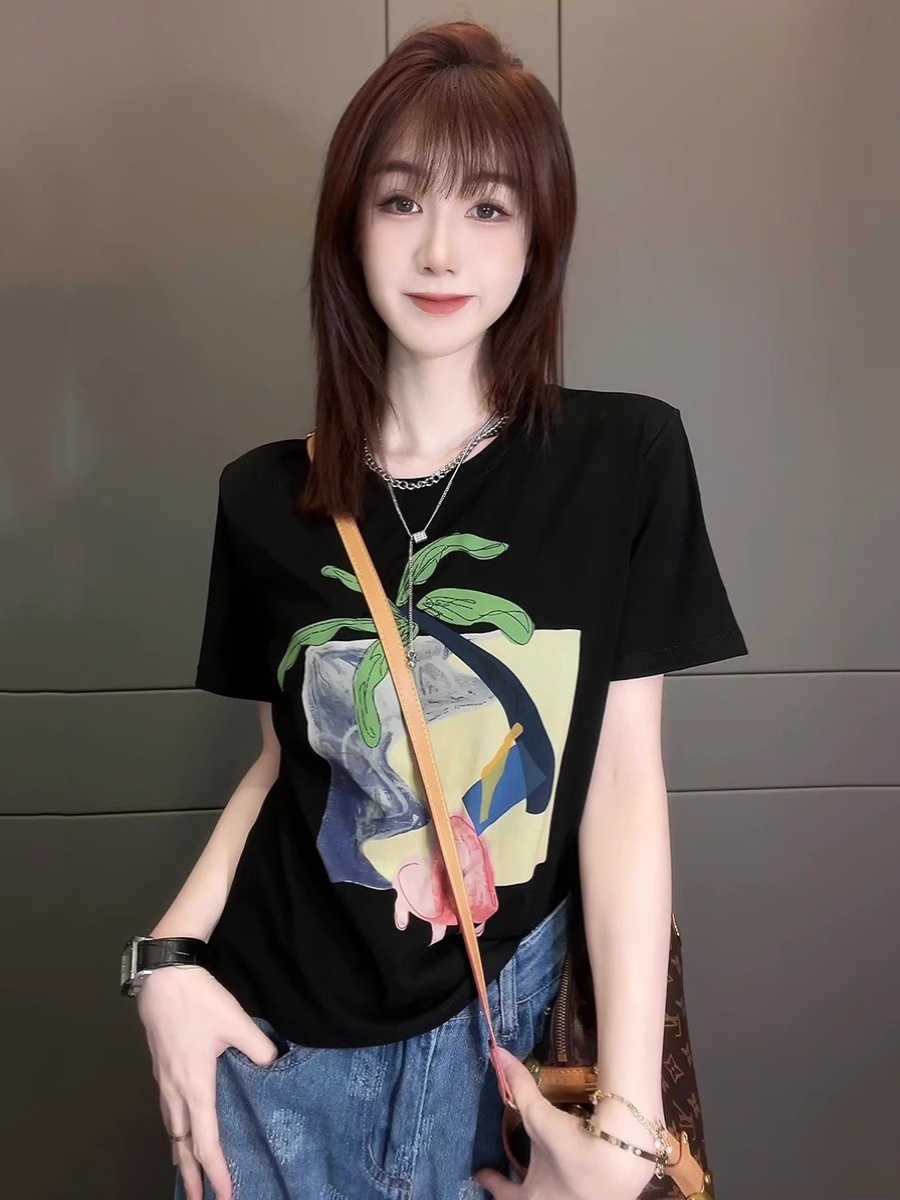 2025 Summer New Arrival K-style Cartoon Print Shoulder Short Sleeve T-shirt Female Silm Slimming and Fashionable Casual Ins Tops