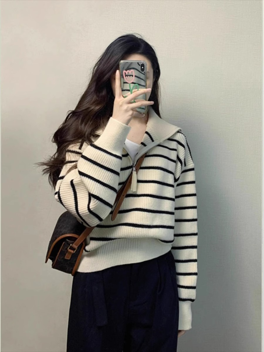 Stripes Zipper and Lapel Knitting Sweater Female Spring & Fall 2025 New Arrival Classic Style Inner Bottoming Top Fancy