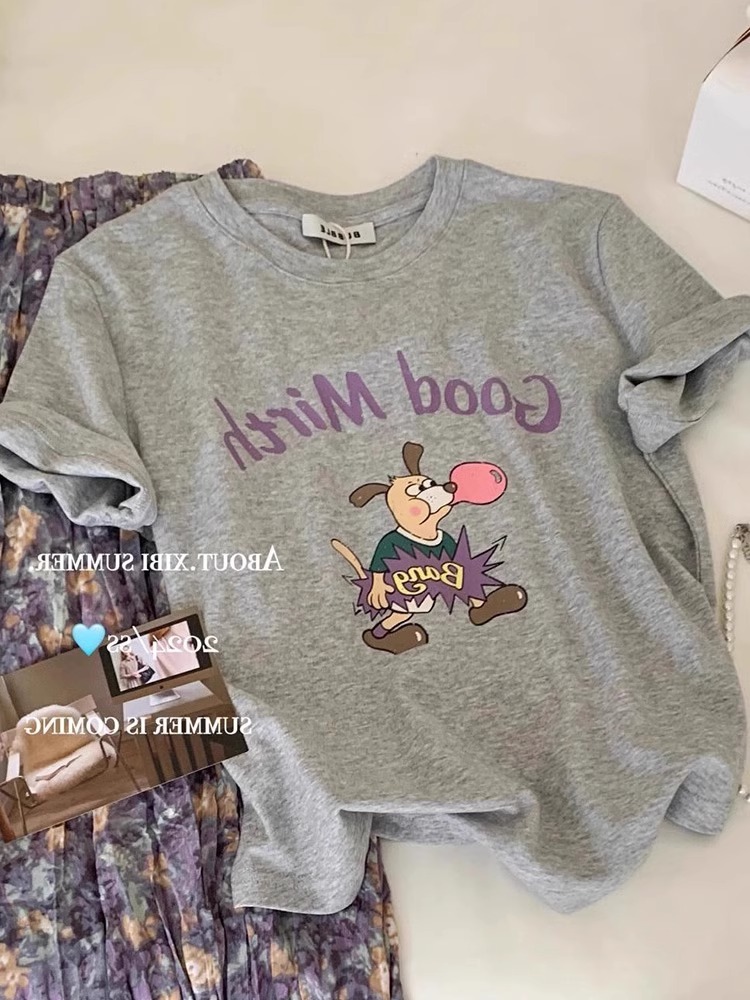 2025 New Arrival American Retro Cartoon Print Gray Short Sleeve T-Shirt Female Summer Korean Style Shoulder Width Loose Slim Looking Tops