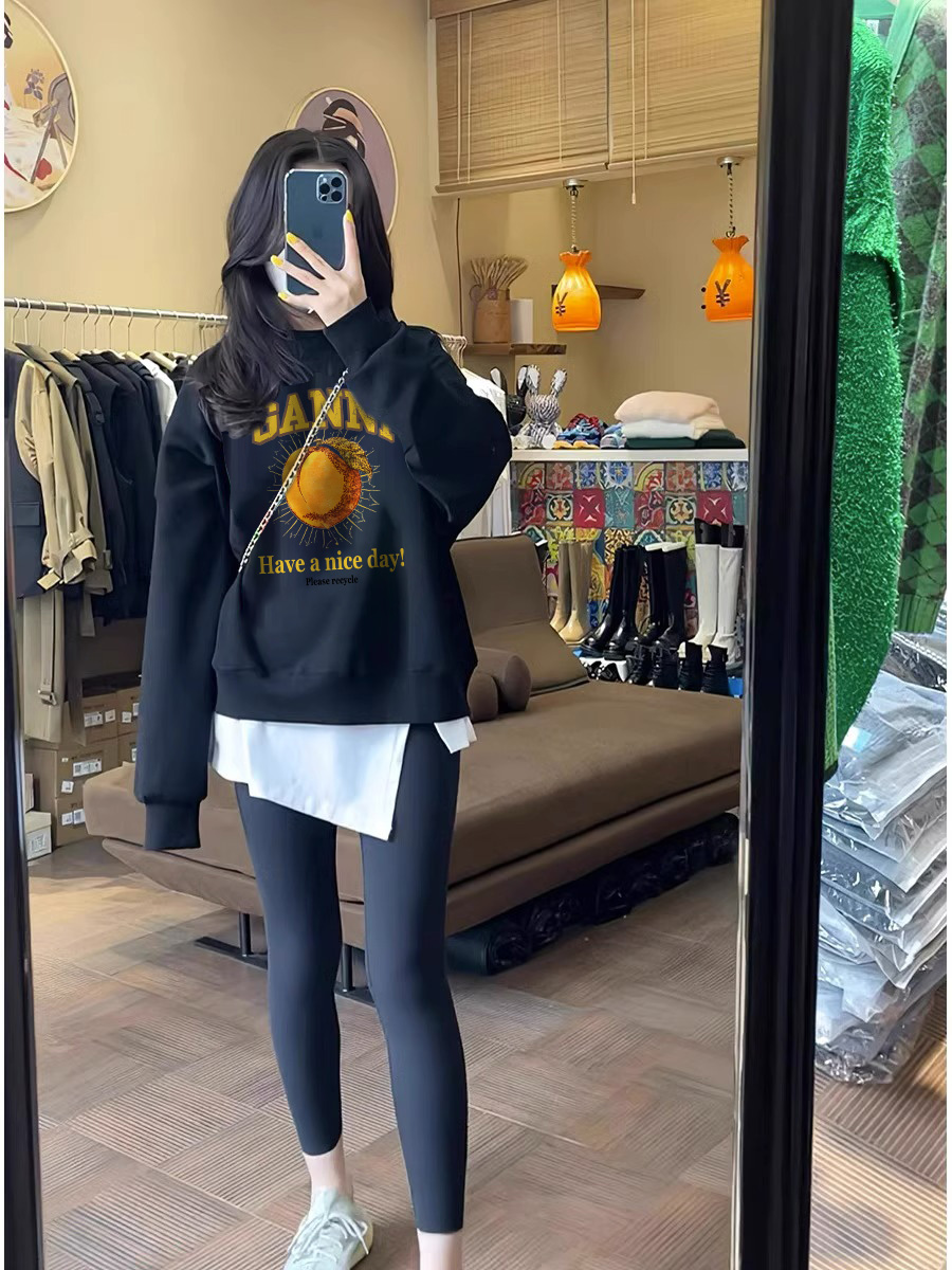 Black round Neck Sweatshirt Women 2025 New Arrival Loose and Idle Oversize Spring and Autumn Thickening Fleece-lined Silver Fox Velvet Coat