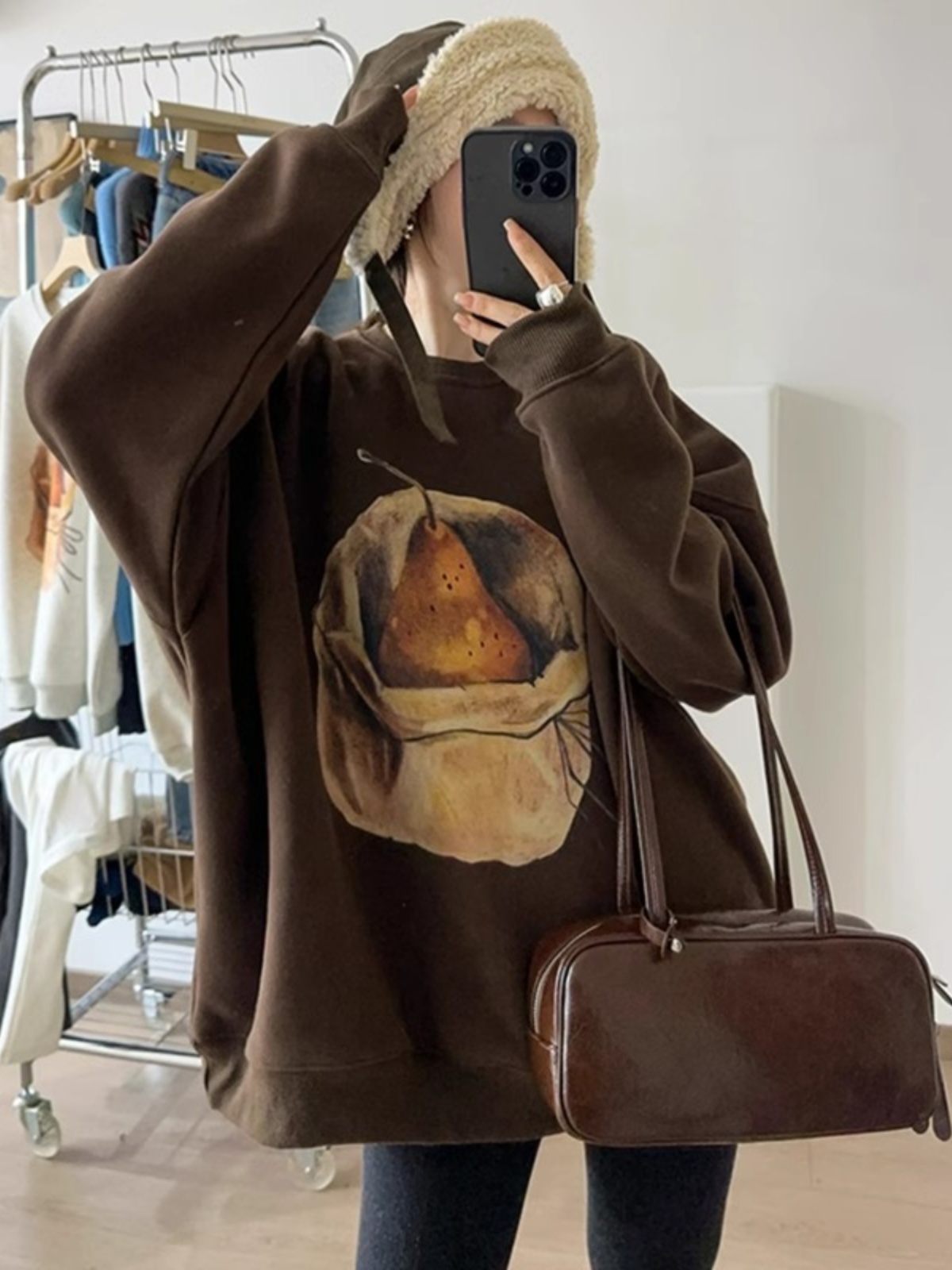 Retro Print round Neck Fleece-Lined Sweater Women's European Station Spring Clothes 2025 New Arrival European Products Women's Clothes Lazy Style Top Tide
