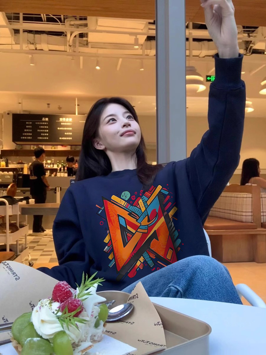 round Neck Lazy Style Sweatshirt Female Spring & Fall 2025 New Arrival Color Graffiti Printing Fleece-lined Thickened Loose Top Coat