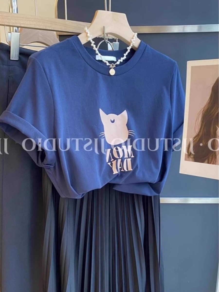 Cartoon Cat Printing Navy Blue Short Sleeve Shoulder T-Shirt Women's Half Sleeve Stylish Niche Loose Petite Top