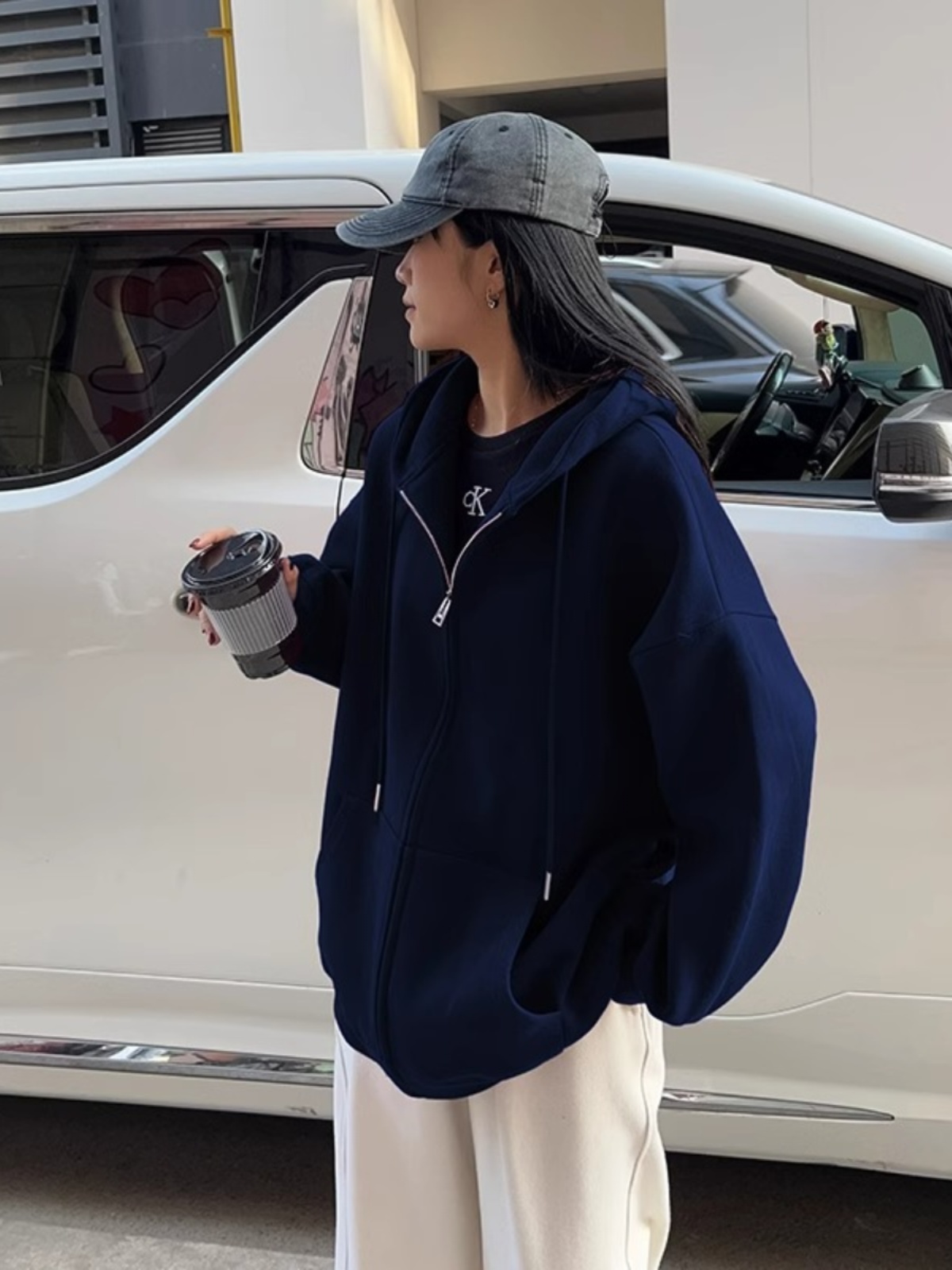 Dark Blue Hooded Outwear Women's Sweater Female 2025 New Arrival Spring and Autumn Instant Ink Stylish Niche Style Cardigan Top