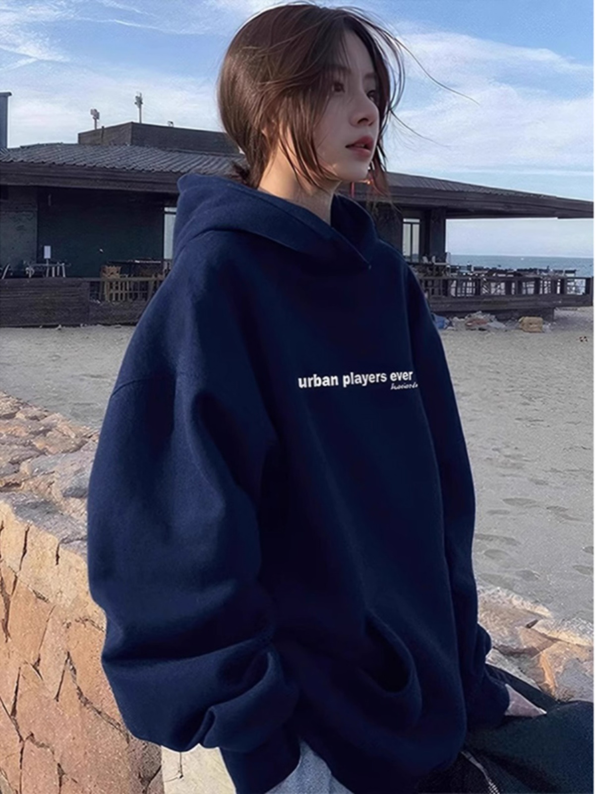 Navy Blue Hooded Sweatshirt Women Fall 2025 New Arrival Best Selling Baggy Coat Spring Fleece-lined Thickened Lazy Top