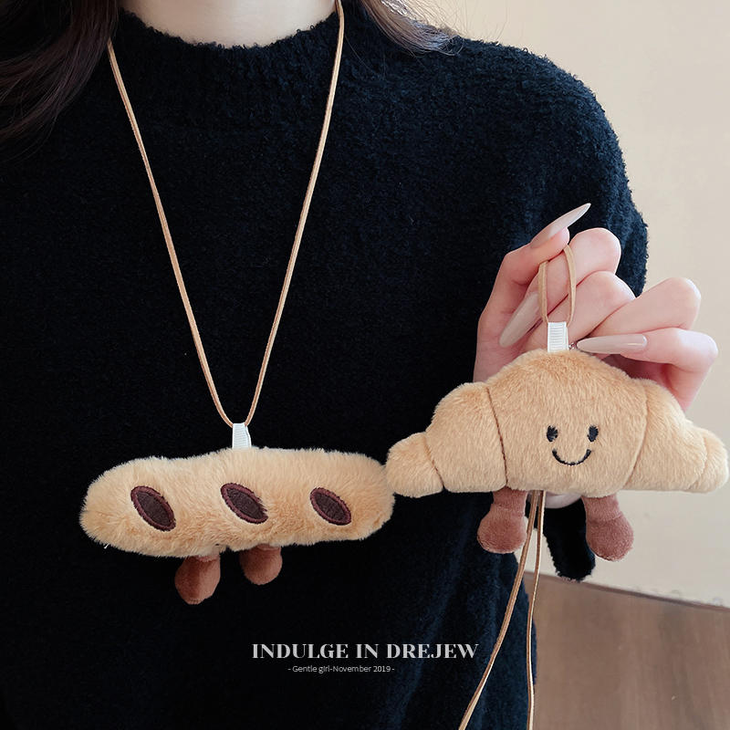 Cute Stuffed Croissant Leather Halterneck Necklace Fancy Niche Style Sweater Chain Long Summer Sweater Accessories for Women