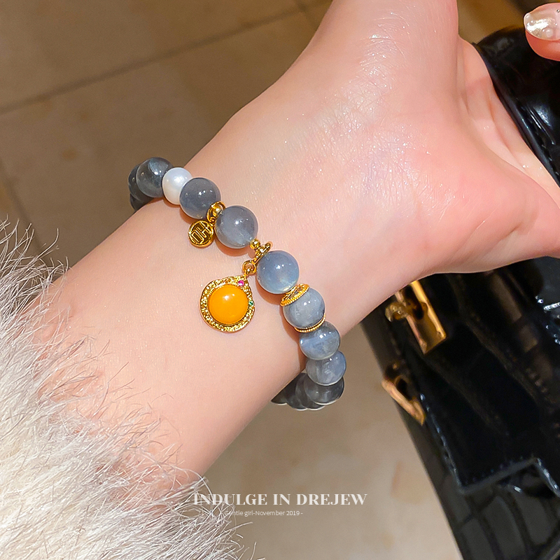 New Chinese Style Retro Ji Pendant Bracelet for Girls Light Luxury Minority Fancy Beaded Bracelet National Style Gray Bracelet