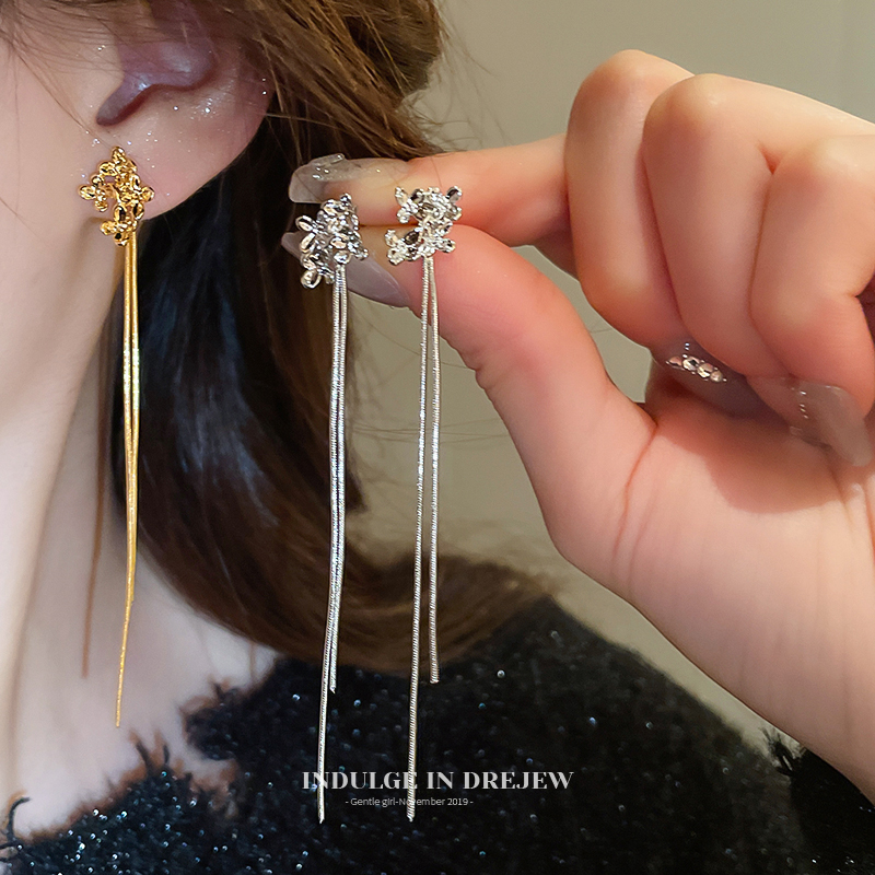 Metal Flower Long Fringe Earrings Accessible Luxury Fancy Stud Earrings for Women Special-Interest Design Cold Style Dual-Wear Earrings