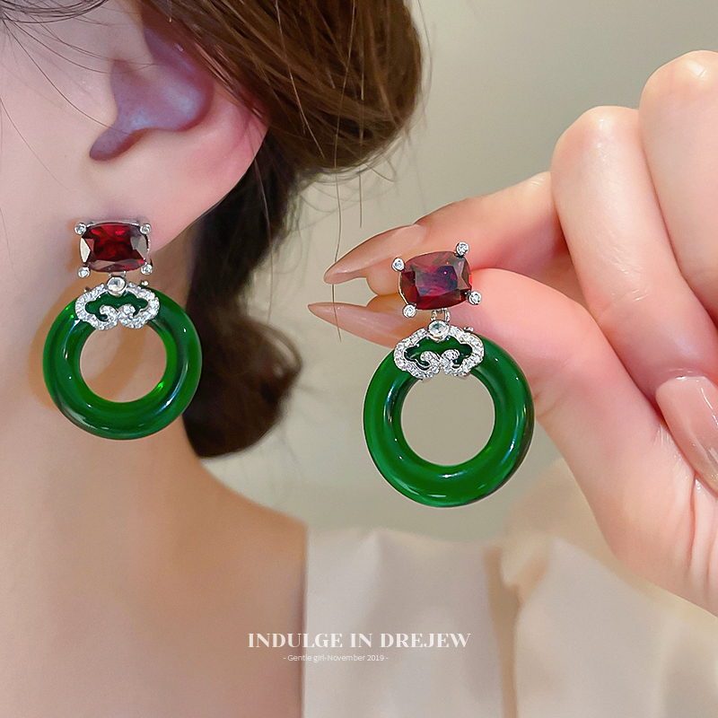 New Chinese Style Retro Green Ring Earrings Light Luxury High-Grade Elegant Earrings Classical Chinese Style Earrings Women