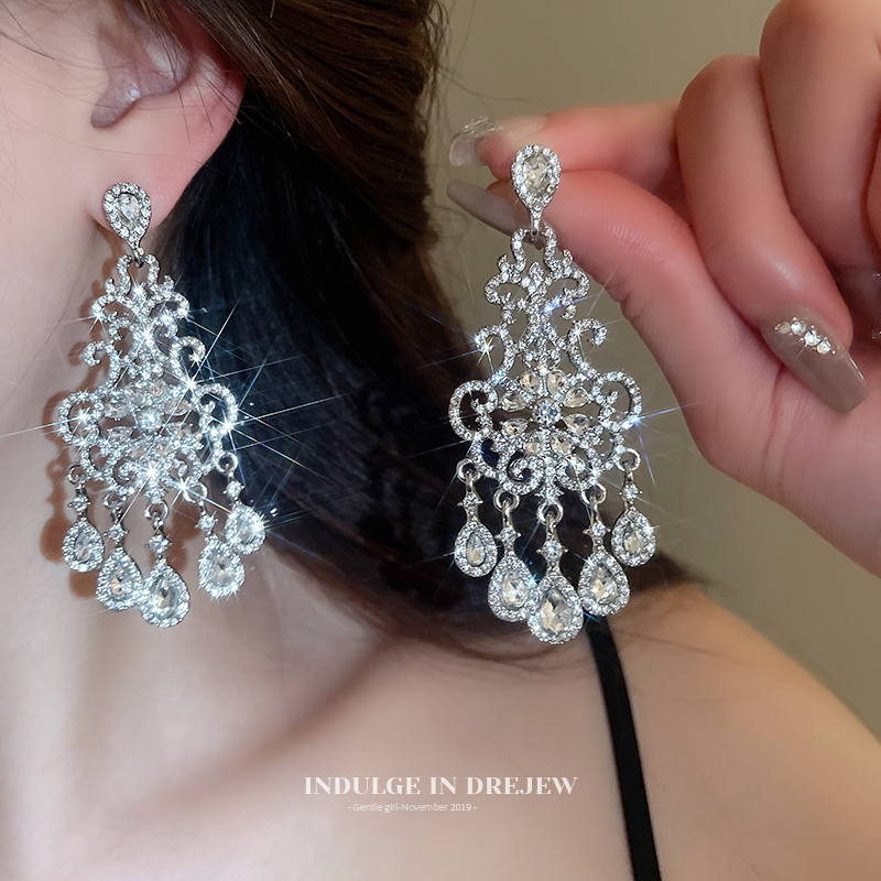 Silver Full Diamond Pattern Water Drop Tassel Earrings for Women Accessible Luxury Fancy Elegant Generous Earrings Exaggerated Delicate Earrings