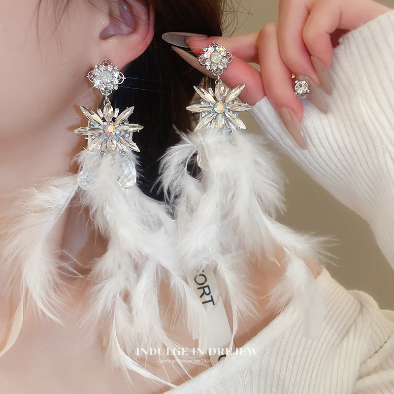 Rhinestone Feather Tassel Earrings Square and round Face Slimming Accessible Luxury Fancy Earrings Summer New Arrival Stuffed Earrings for Women