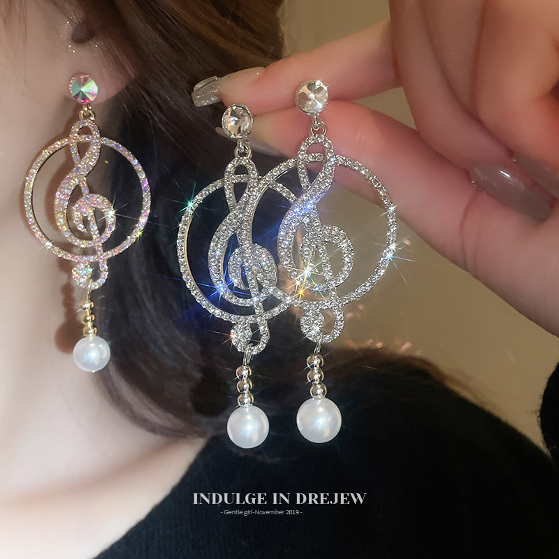 Rhinestone Music Note Pearl Stud Earrings Accessible Luxury Fancy Elegant Generous Earrings Niche Style Exaggerated Earrings Female New Arrival