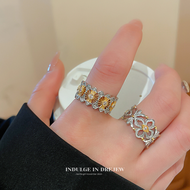 Retro Contrast Color Hollow Lace Open Ring for Women Accessible Luxury Fancy Index Finger Ring Design Niche Style Bracelet
