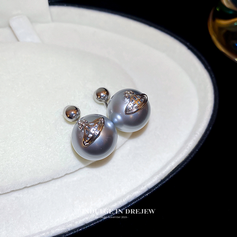 Silver Gray Saturn Pearl Stud Earrings Light Luxury High-Grade Elegant Earrings New Simple Exaggerated Two-Piece Earrings