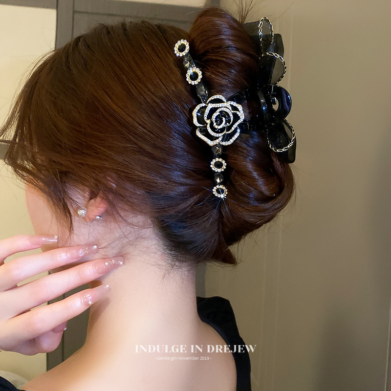 Black Camellia Mesh Bow Barrettes Large Elegant Grip Back Head Updo Shark Clip Hair Accessories for Women