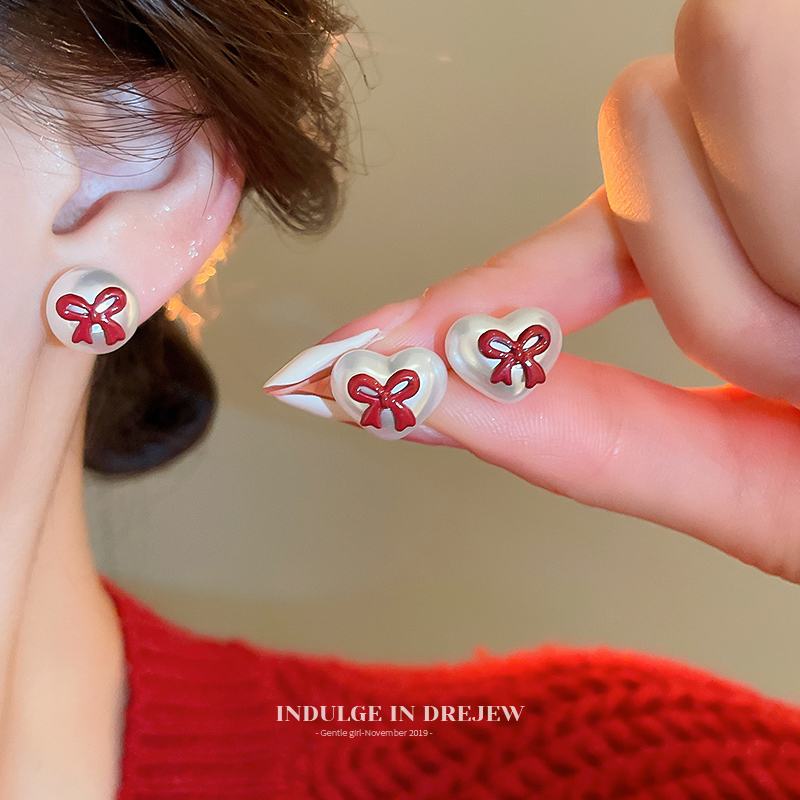 Pearl Stud Earrings Accessible Luxury Fancy Red Bows Earrings New Arrival Elegant Unique Niche Style Design Earrings Women