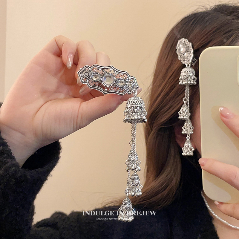 Silver Pattern Long Bell Tassel Hairpin Female 2025 New Arrival Fringe Clip Ethnic Style Headdress Vintage Hair Accessories