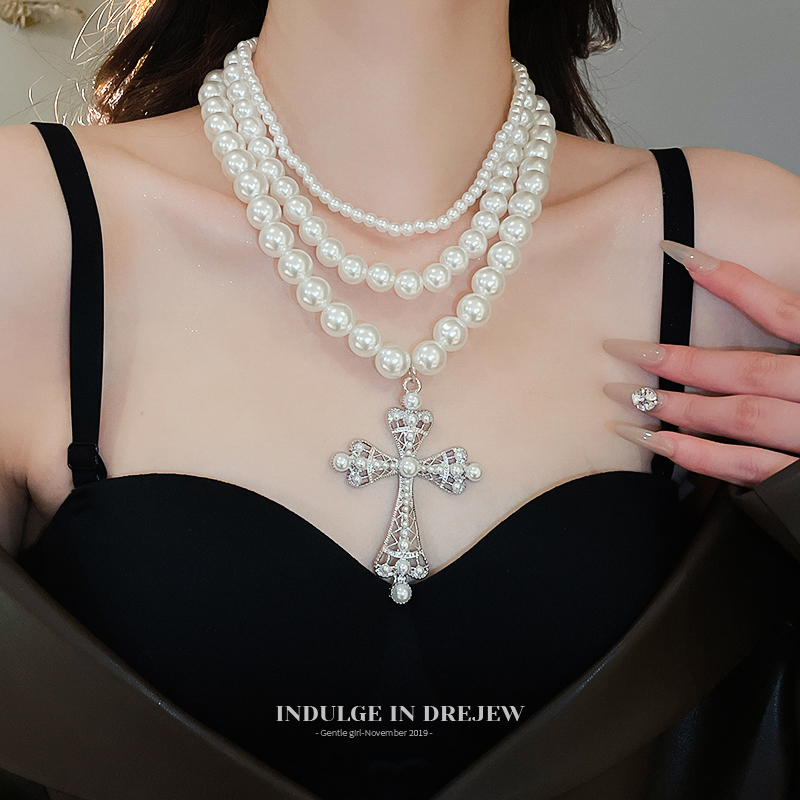 Three-Piece Cross Twin Pearl Necklace Women's New Clavicle Chain Accessible Luxury Fancy Sweater Chain Ornament