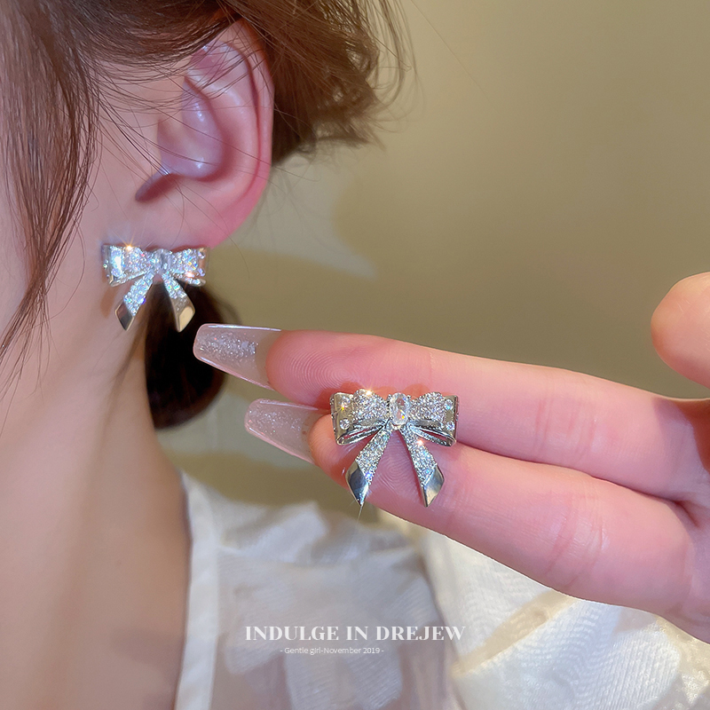 Silver Zircon Bow Stud Earrings Korean Style Accessible Luxury Fancy Elegant Earrings Cold Wind Fashionable Stylish Earrings for Women