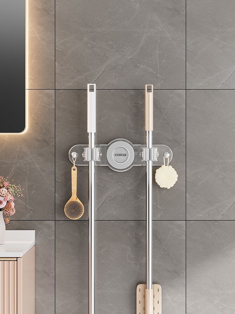Suction Cup Mop Clip Wall-Mounted Wall Punch-Free Bathroom Mop Wall Hanging Clip Bathroom Door Rear Broom Storage Rack