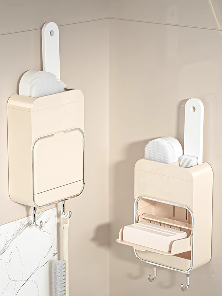 Cream Style Multi-Functional Soap Box Soap Rack For Home Bathroom Punch-Free Wall-Mounted Drain with Cover Box