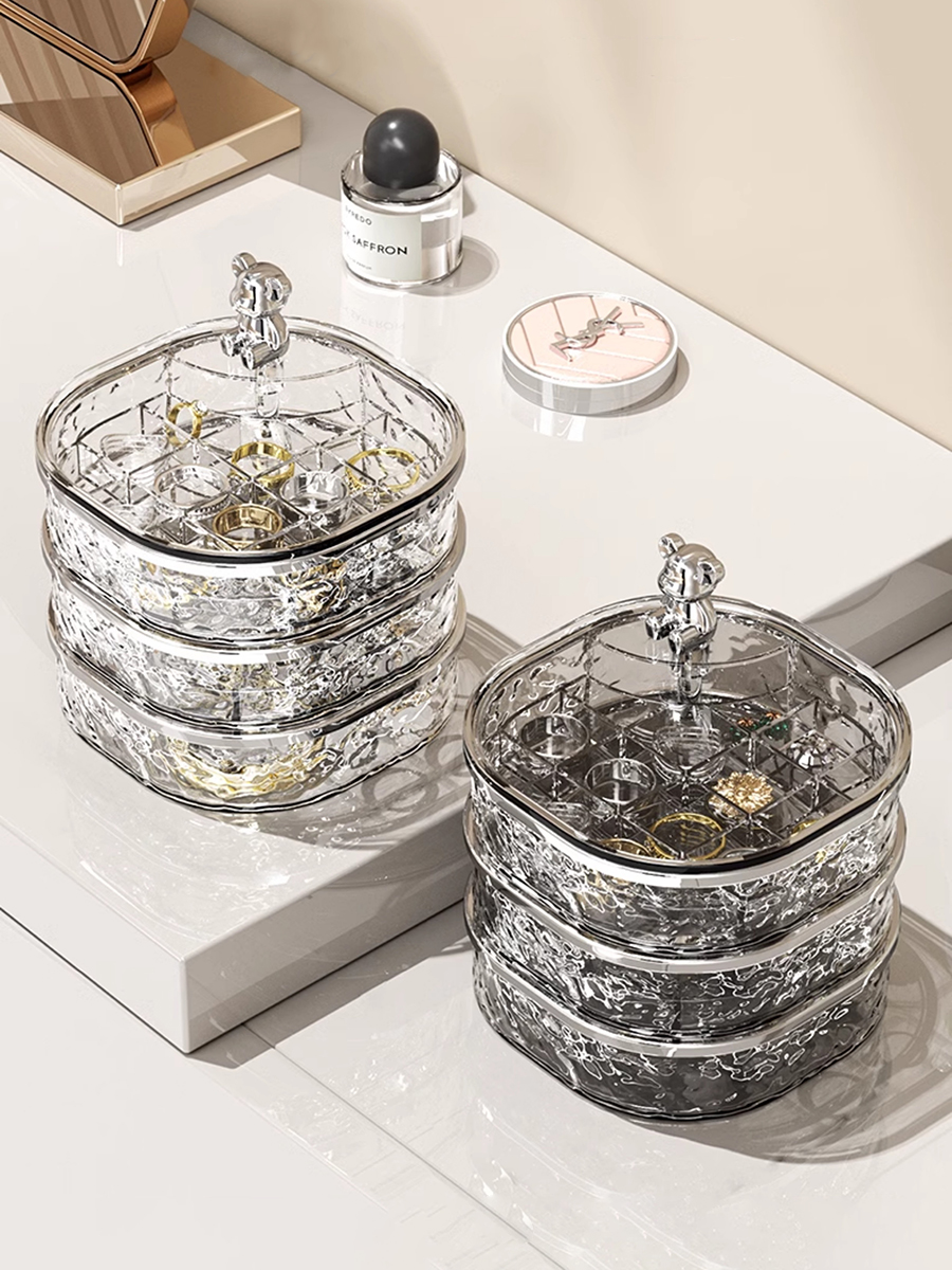 Water Ripple Rotating Jewelry Box with Grid Multi-Layer Earrings Barrettes Headband Hair Accessories Storage Handy Gadget