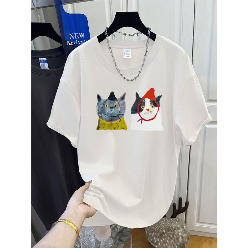 Chubby Girl 1.00 Kg-150.00 kg Plus Size Summer New Arrival Alphabet Cartoon Kitten Print Short Sleeve T-shirt Female Fashion Versatile Top