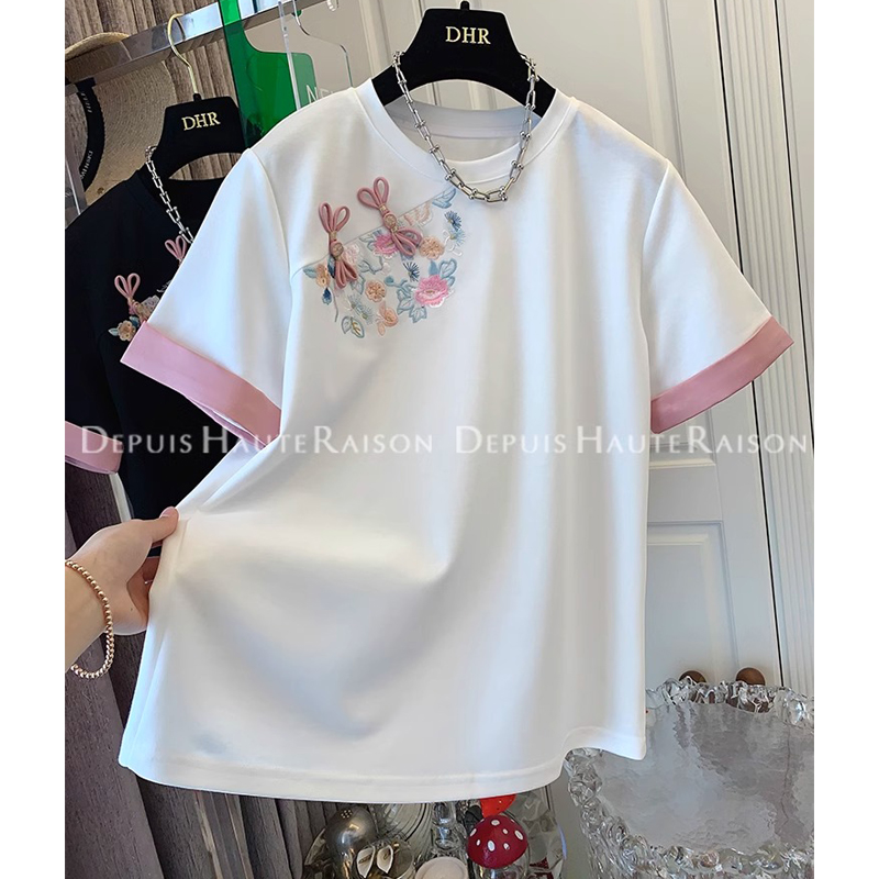 2024 New Chinese Style National Style Plus Size Ladies Plus Size Pure Cotton New Chinese Style Buckle T-shirt in Contrast Color Short Sleeve round Neck Top Female