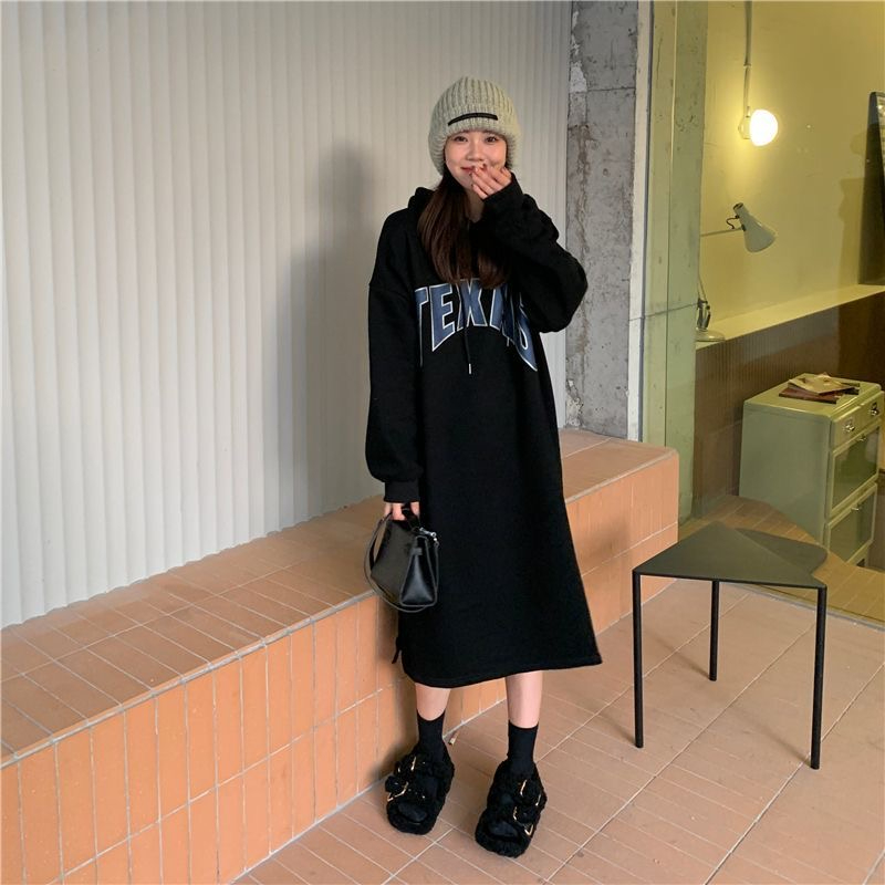 Super Plus Size 150.00kg Fall and Winter New Arrival K-style Hooded Letter-Print Long Sweater Dress Female Split Dress Tide