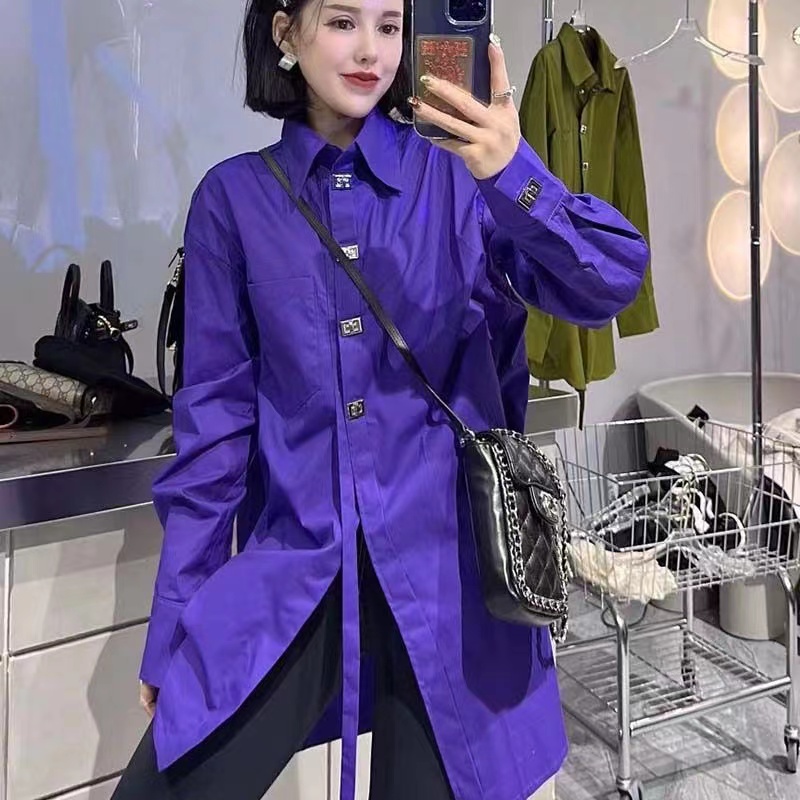 over Plus Size 1.00 Kg-150.00 kg Plus Size Ladies Silver Buckle Stylish Mid Length Long Length Shirt Women's New Arrival Fashion Elegant White Tops