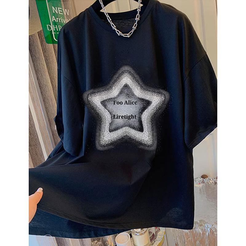American High Street Plus Size 100.00kg Cotton Fashion Brand Five-Pointed Star T-shirt Men and Women Couple Hip Hop round Neck Short Sleeve Tops Summer
