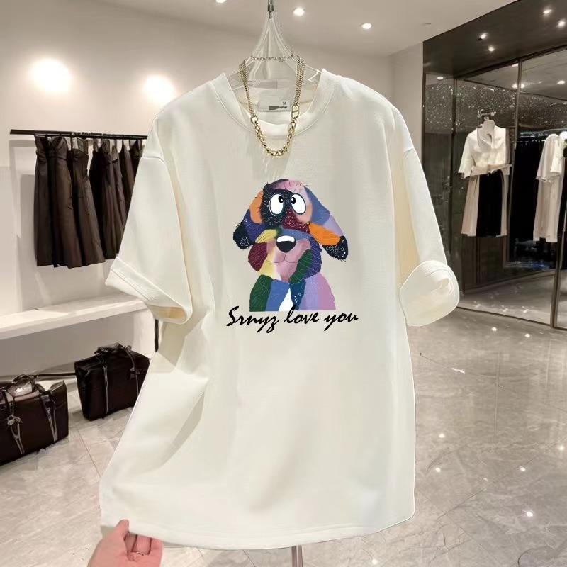 Chubby Girl Plus Size Short Sleeve T-Shirt Female Summer New Fashionable Cartoon Print Loose Slim Looking Crew Neck Inner 100% Cotton Coat