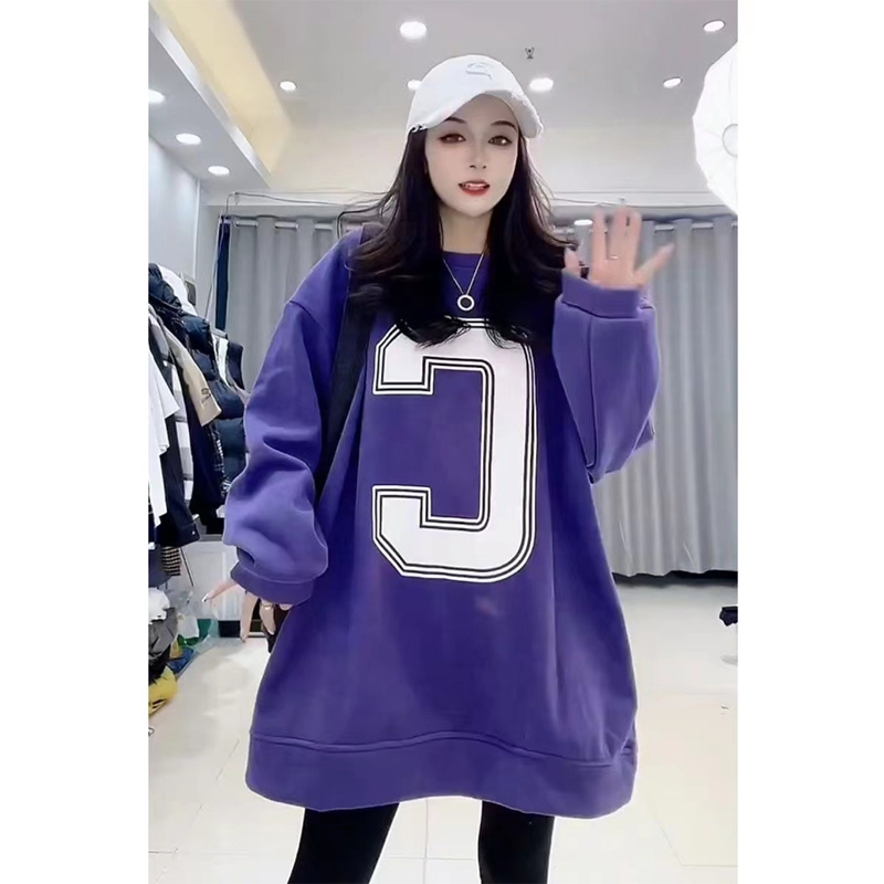 Big Woman European Station 1.00 Kg-150.00 kg Fleece-lined Thickened Fall and Winter New Arrival Letter Printed Sweatshirt Female Stylish Trendy Top