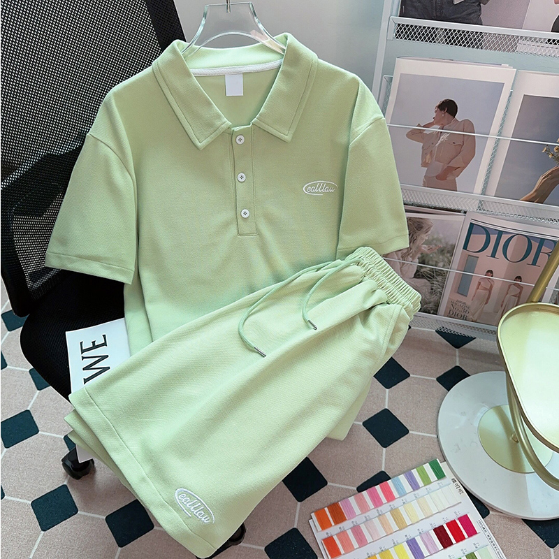 Plus Size Summer Casual Suit Young Adult Sports Suit 2024 College Polo Short Sleeve Loose Shorts Two-piece Set Tide