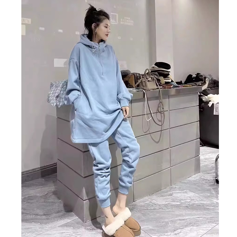 Super Plus Size 1.00 Kg-150.00 kg Plus Size Ladies Winter Mid-Length Zipper Hooded Suits Women's Sweater Sweatpants Fleece-Lined Two-Piece Suit
