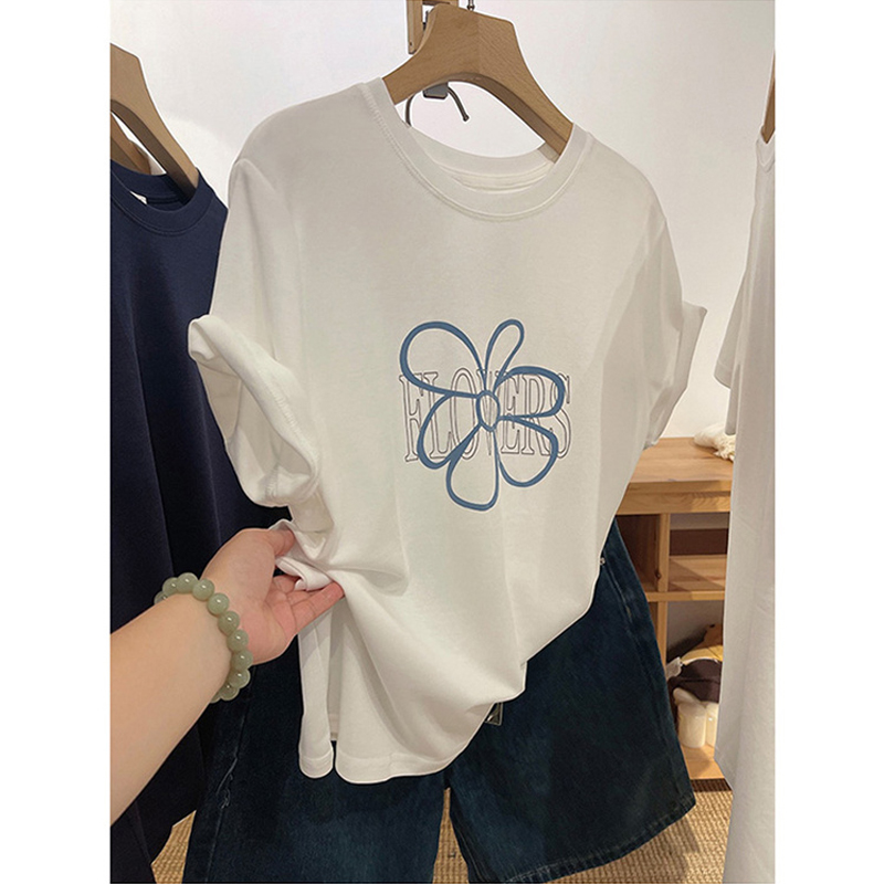 2024 Summer New Arrival Easiest for Match Fun Printing Loose Plus Size Pure Cotton Short-Sleeved T-shirt Female Minimalist Belly Covering Slim Looking