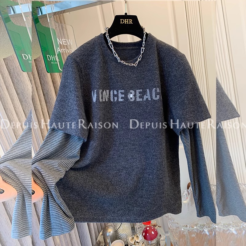 Fat mm 120.00kg over Plus size women clothing American Letters Stripe Fake Two Pieces Dralon T-shirt Bottoming Shirt Loose Top Fashion