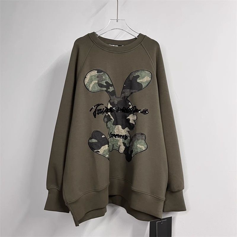 European Goods Plus Size 1.00 Kg-150.00 kg Fat Girl New Cartoon Embroider Letter Camouflage Rabbit Long Sleeves Sweatshirt Women round Neck Tops