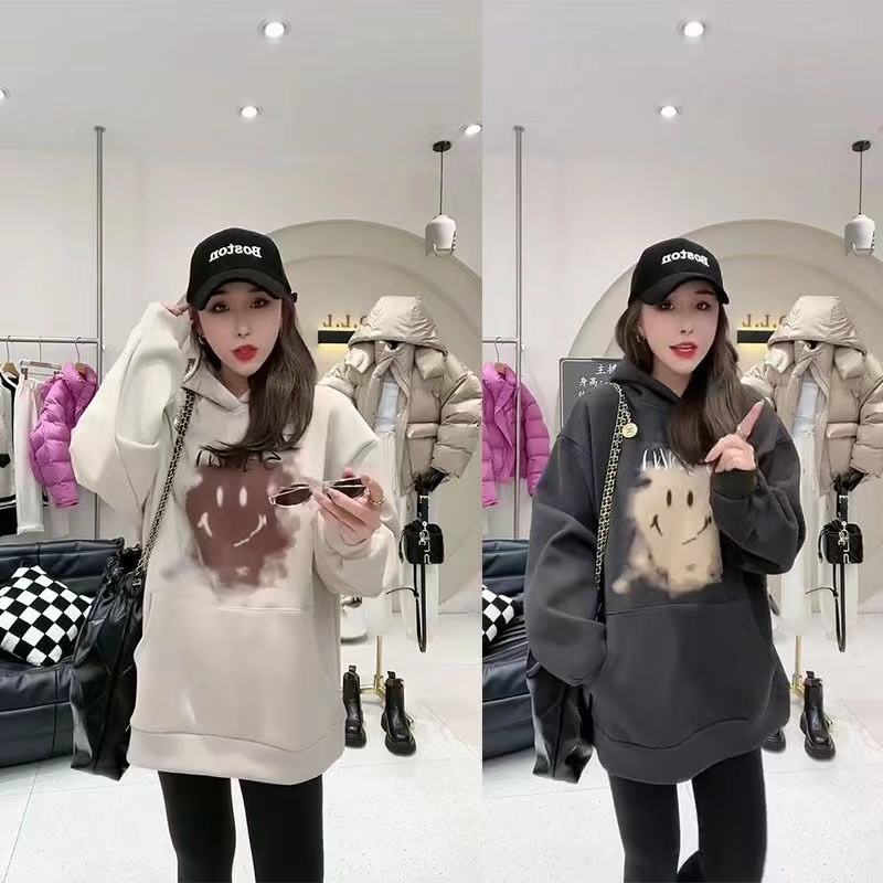 Plus Size Plus Size Ladies Loose Western Style Design Blouse 2024 Fall and Winter New Arrival Smudges Smiling Face Hooded Fleece Lined Sweater Female