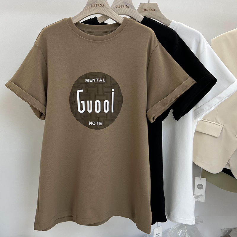 100.00kg Plus Size Plus Size Ladies Mid Length Long Length Short Sleeve T-Shirt Women's Summer Loose Western Style Youthful-Looking Slim Looking Belly Covering Top Clothes