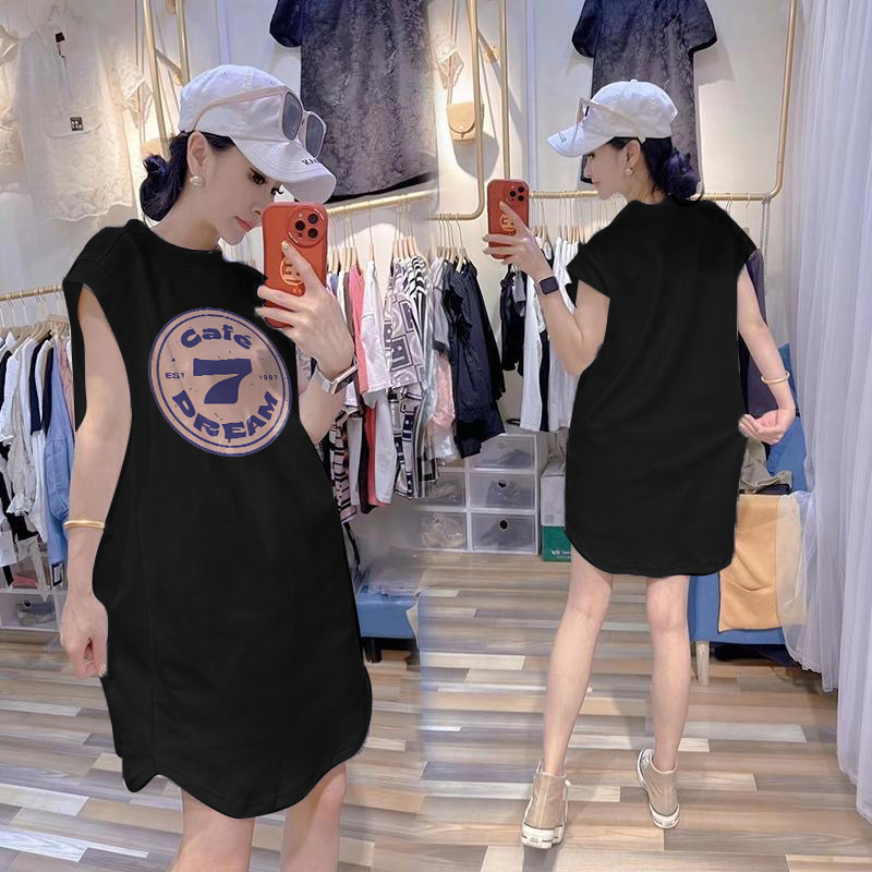 Chubby Girl Mid Length Long Length Pure Cotton T-shirt Dress Female Summer New K-style Slim Looking Asymmetrical Plus Size 1.00 Kg-150.00 kg Skirt