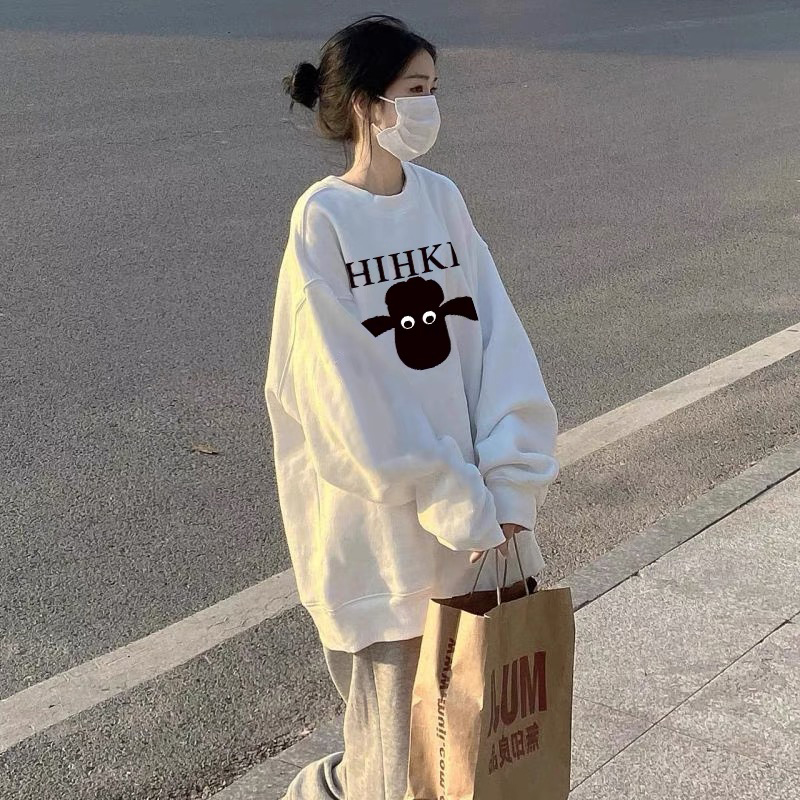 American Retro Countries Fashion Brand Sweater Women Autumn and Winter Thin Chubby Girl 1.00 Kg-150.00 kg Loose White with Fleece Lining Jacket
