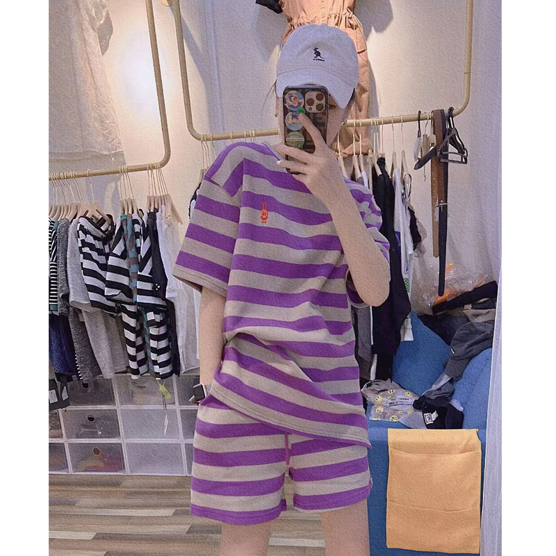 Extra Large Size 1.00 Kg-150.00 kg Plus Size Ladies Summer New Arrival Fashion Stripes Short Sleeve T-shirt Shorts Two-piece Set Fashion Suit Women