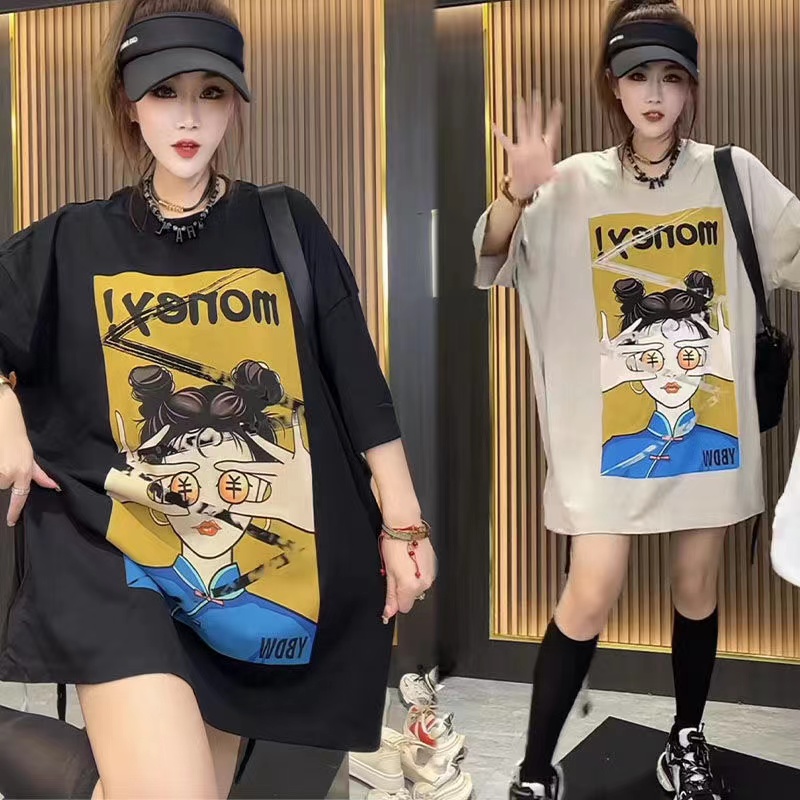 European Station Plus Size Cartoon Print Short-Sleeved T-shirt Women's Summer All-Matching Western Style Loose Slim Fit Bottoming Shirt Tops Fashion