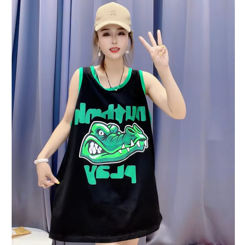 Super Plus Size 1.00 Kg-150.00 kg Cartoon Pattern Print Loose Patchwork Vest Female Summer Plus Size Ladies Cool Casual Sleeveless T-Shirt