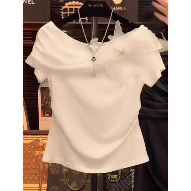 Extra Large Size 1.00 Kg-150.00 kg Plus Size Ladies Stylish off-Shoulder Short Sleeve Chic Flower off-Shoulder Fashion Fashionable T-shirt Women's Fashion