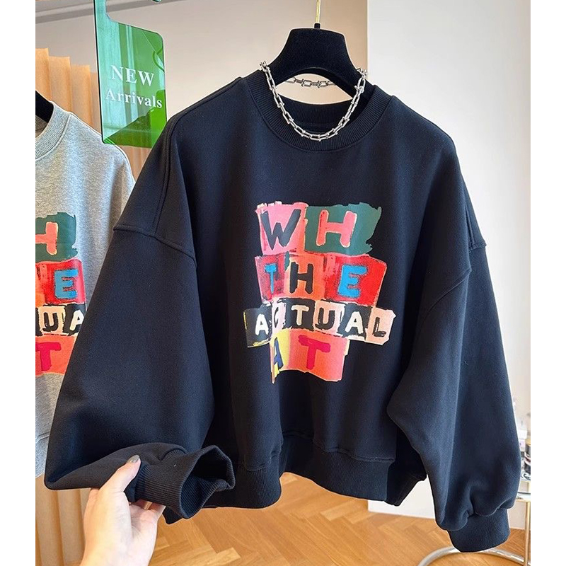 Extra Large Size 1.00 Kg-150.00 kg Loose Mid Length Long Length European Goods Sweatshirt Female Fleece-lined Thickened Hip-Covering Large Version Oversized Girls' Top